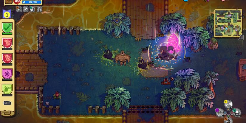 an extremely muscular, oiled up bodybuilder in a tight-fitting swimsuit stands in a jungle clearing near an enemy that's just exploded against a glowing, pink crystal