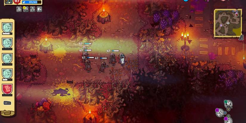 a zombie in a white shit stands on a dimly lit pathway with several other, shirtless zombies behind it. there are candles on tree stumps nearby, and twisted trees frame the path