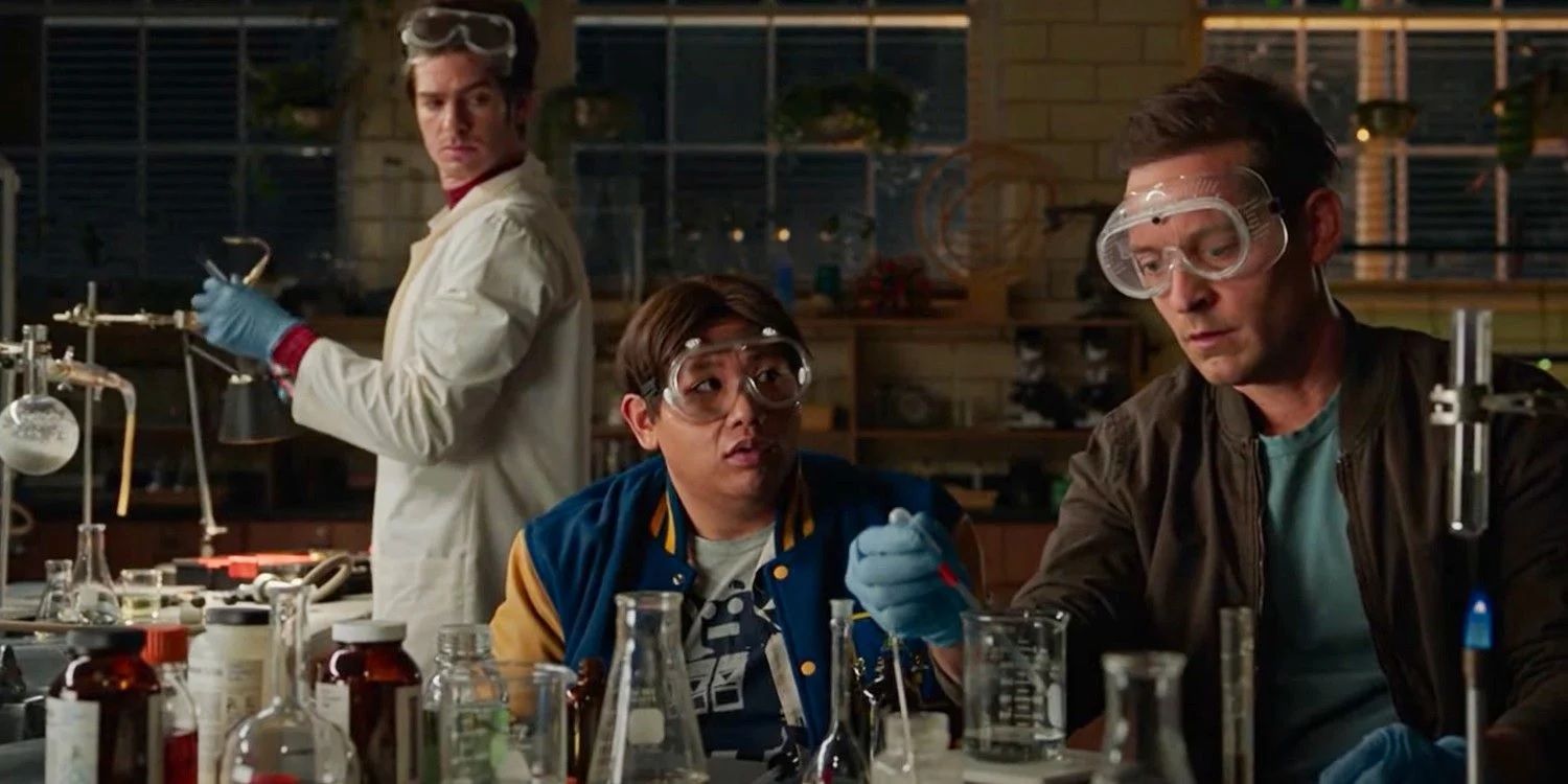 Ned Leeds in a lab with Andrew Garfield and Tobey Maguire's Peter Parkers in Spider-Man No Way Home