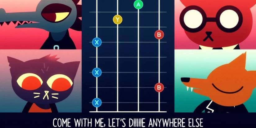 Mae, Gregg, Angus, and Bea playing "Die Anywhere Else" in Night in the Woods