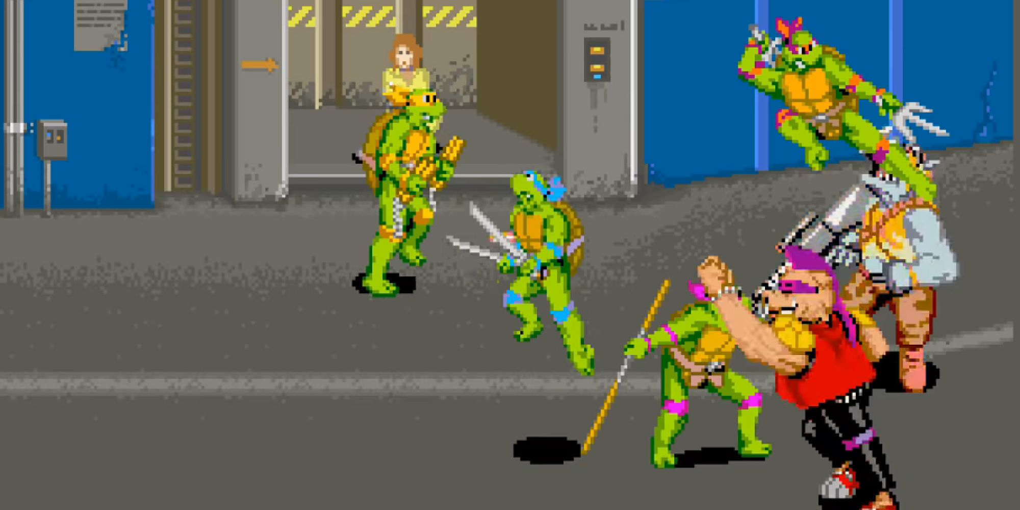 The TMNT arcade game, featuring the turtles fighting Bebop and Steadyrock