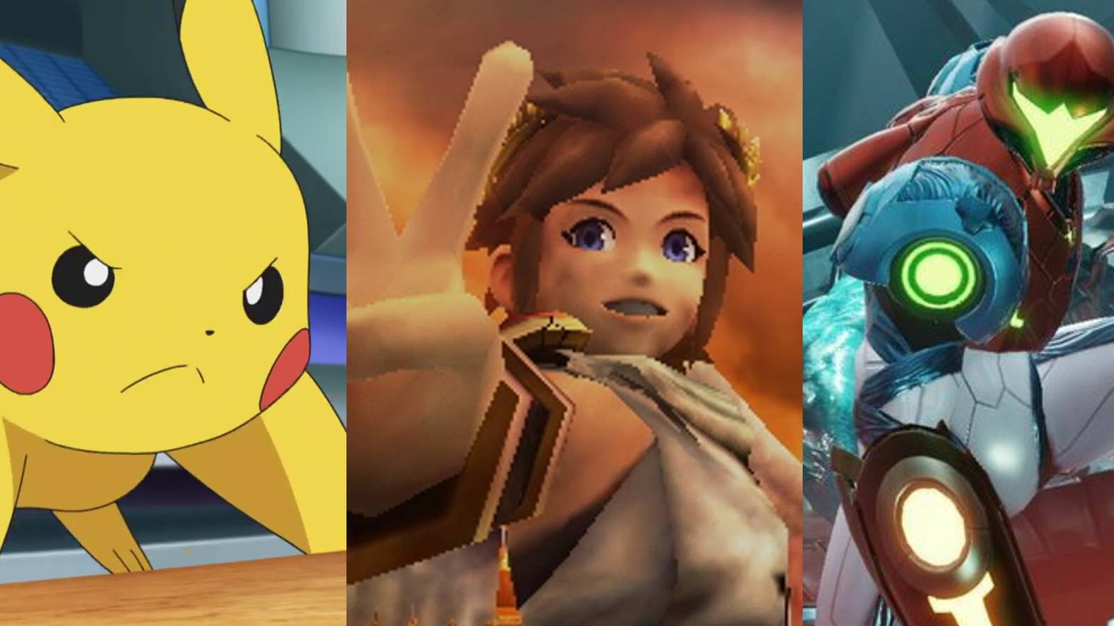 Pikachu taking a battle stance from the Pokemon anime; A dirtied Pit holding up a V for Victory sign in Kid icarus uprising; Samus surrounded by enemies in a Metroid Dread cinematic