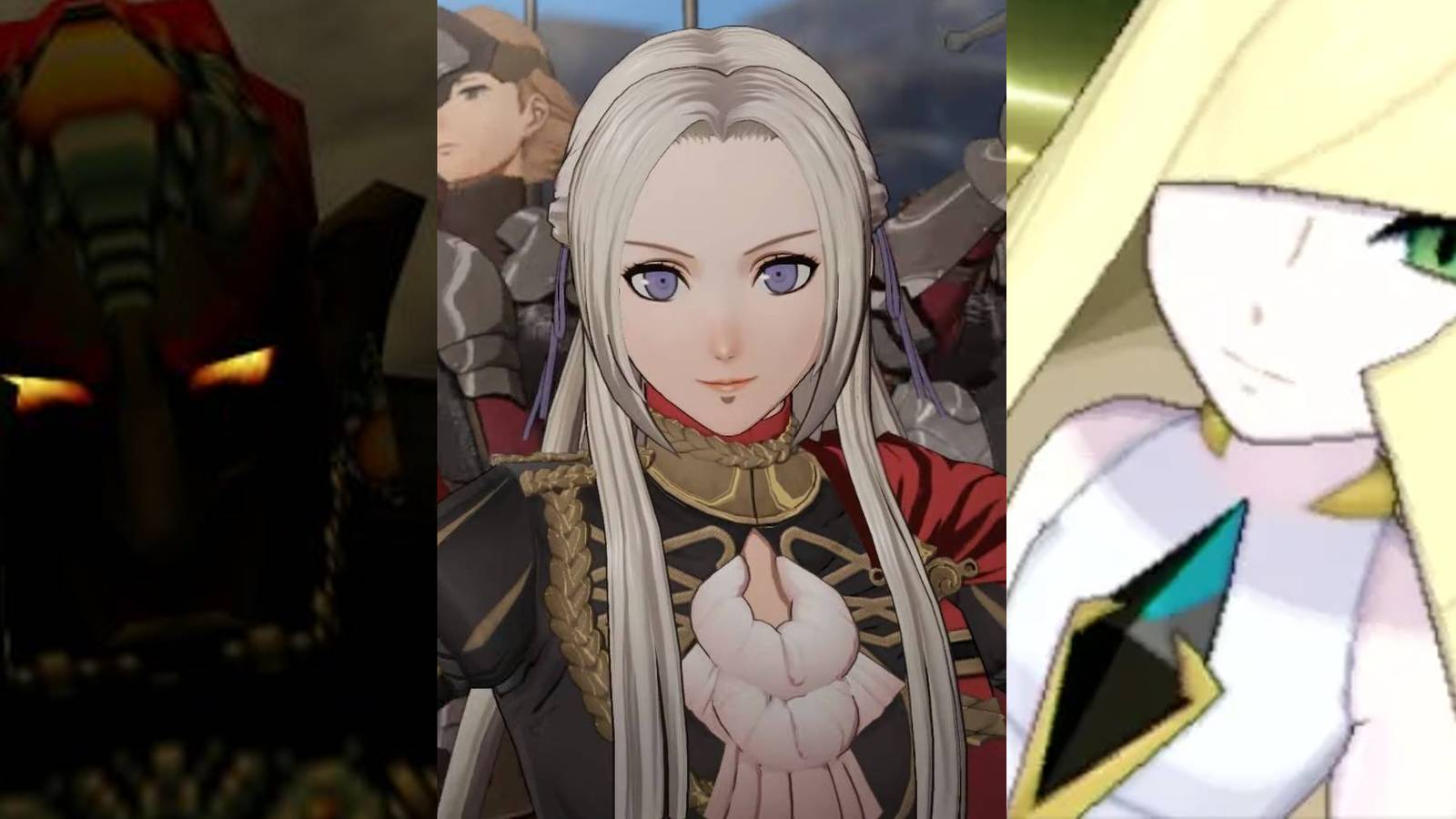 Ganondorf transforming into Ganon in Ocarina of Time; Edelgard with her army at the start of Fire Emblem 3 Houses; Lusamine in battle in Pokemon Sun & Moon