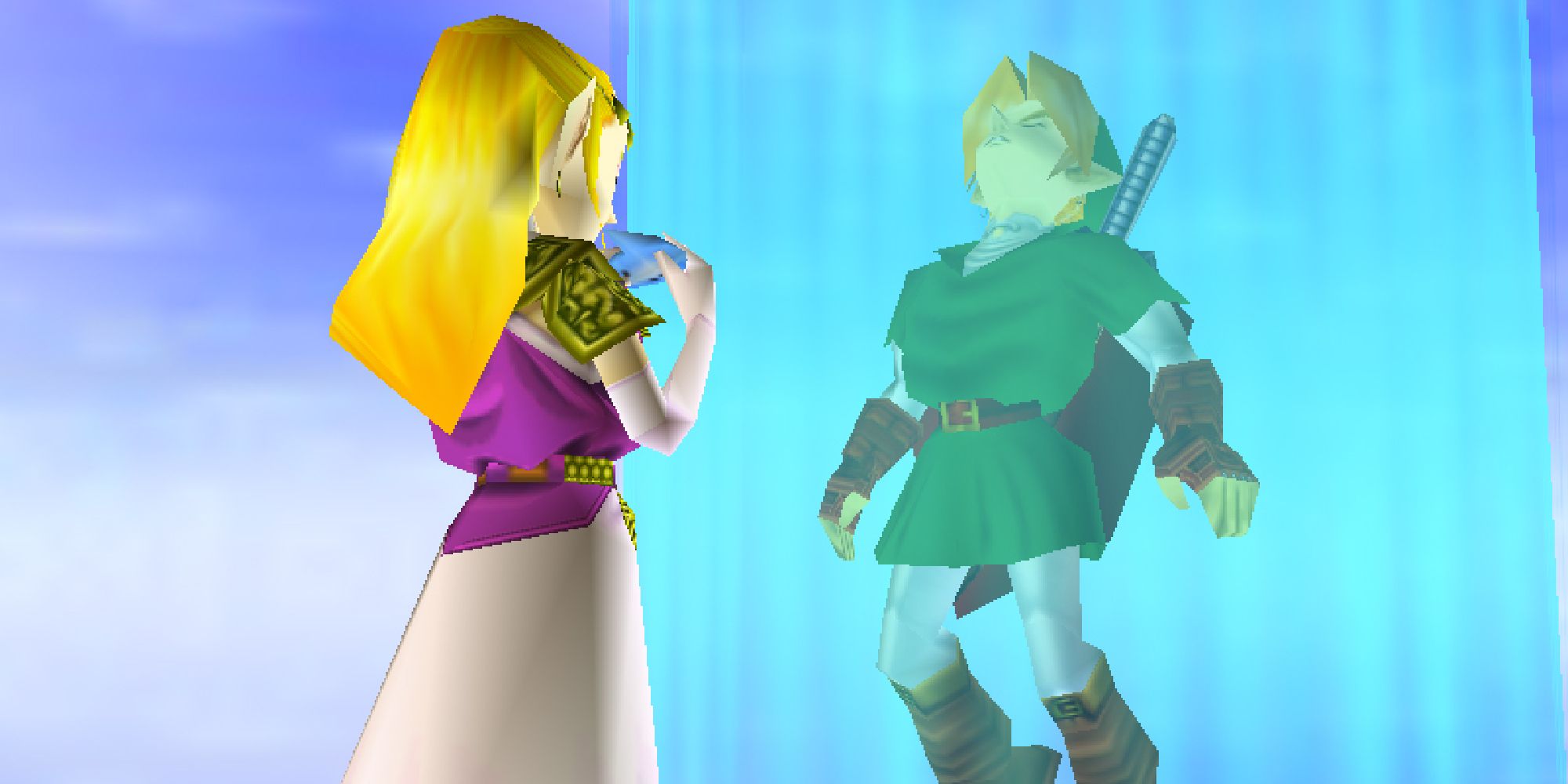 Zelda playing her ocarina and sending Adult Link back in time