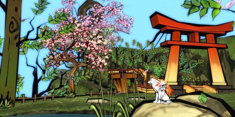 Okami Amertarasu Sitting On Rock Beside Cherry Blossom Tree