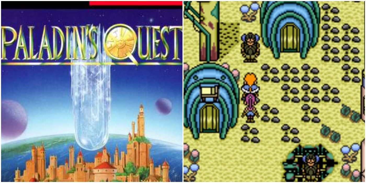 Paladins Quest SNES split image of box art and hero in desert village