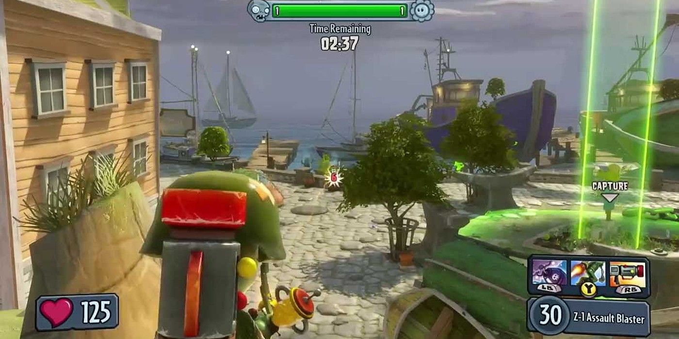 Plants Vs Zombies Garden Warfare zombie with helmet and gun on dock battlefield