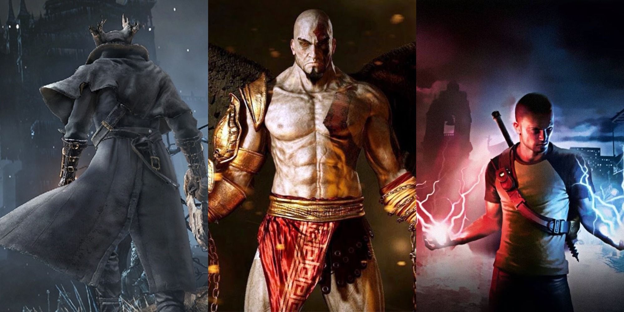 Playstation Heroes Who Have Caused the Most Mayhem Split Featured Bloodborne Hunter, Kratos, and Cole MacGrath