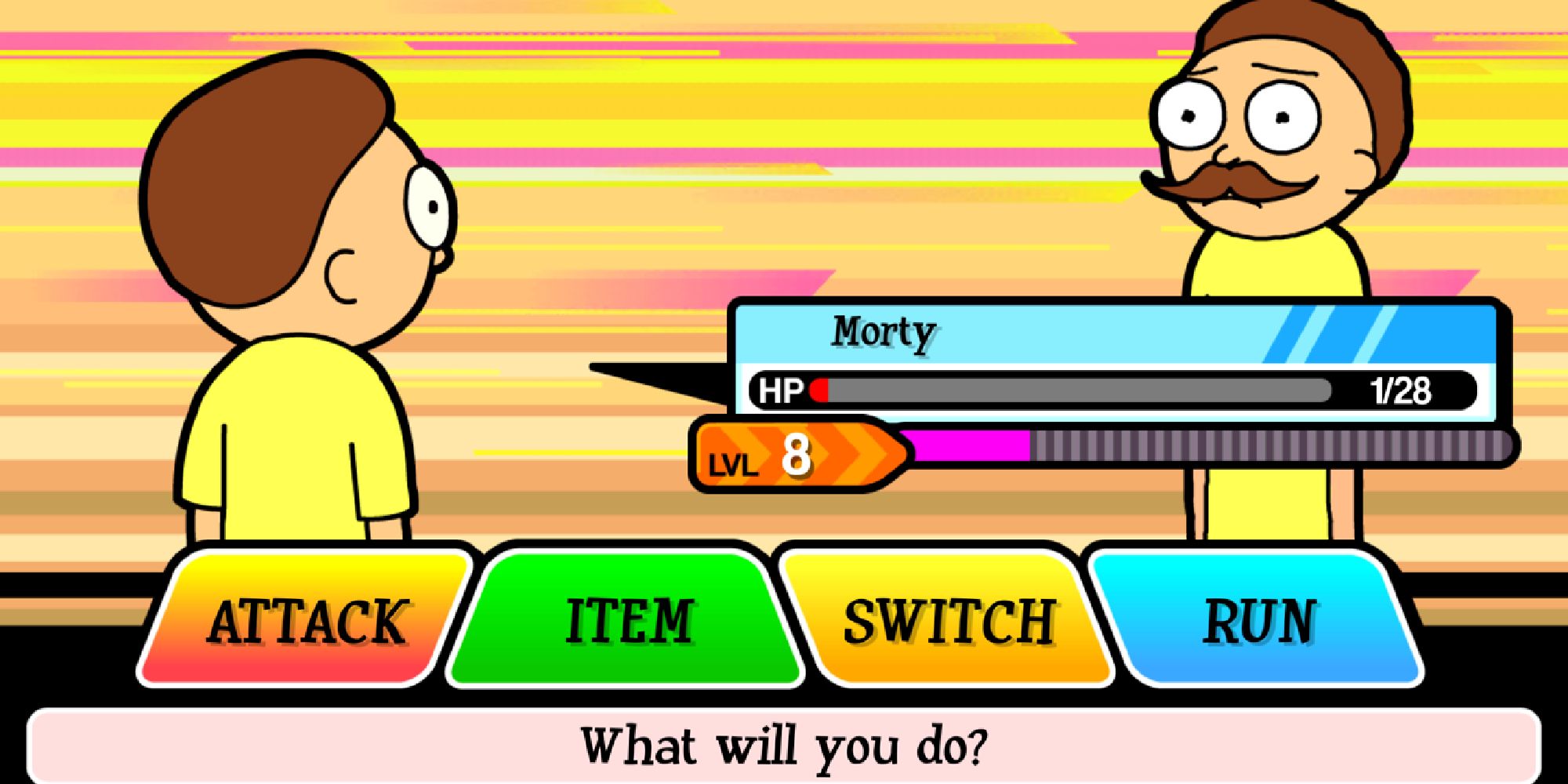 The battle screen of Pocket Mortys showing a Lvl 8 Morty battling a Mustache Morty