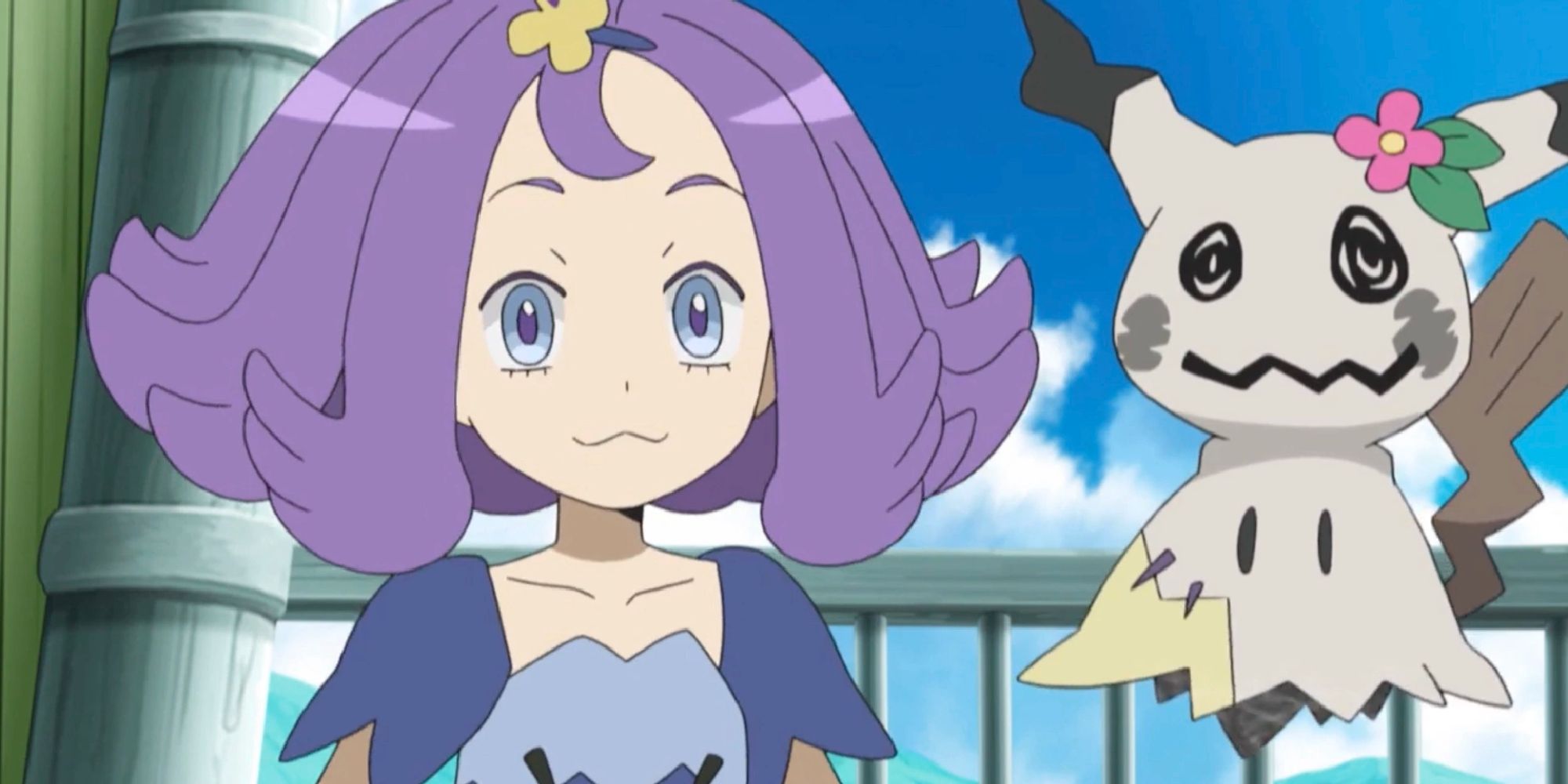 Acerola standing next to her greyscale Mimikyu with a flower on its head
