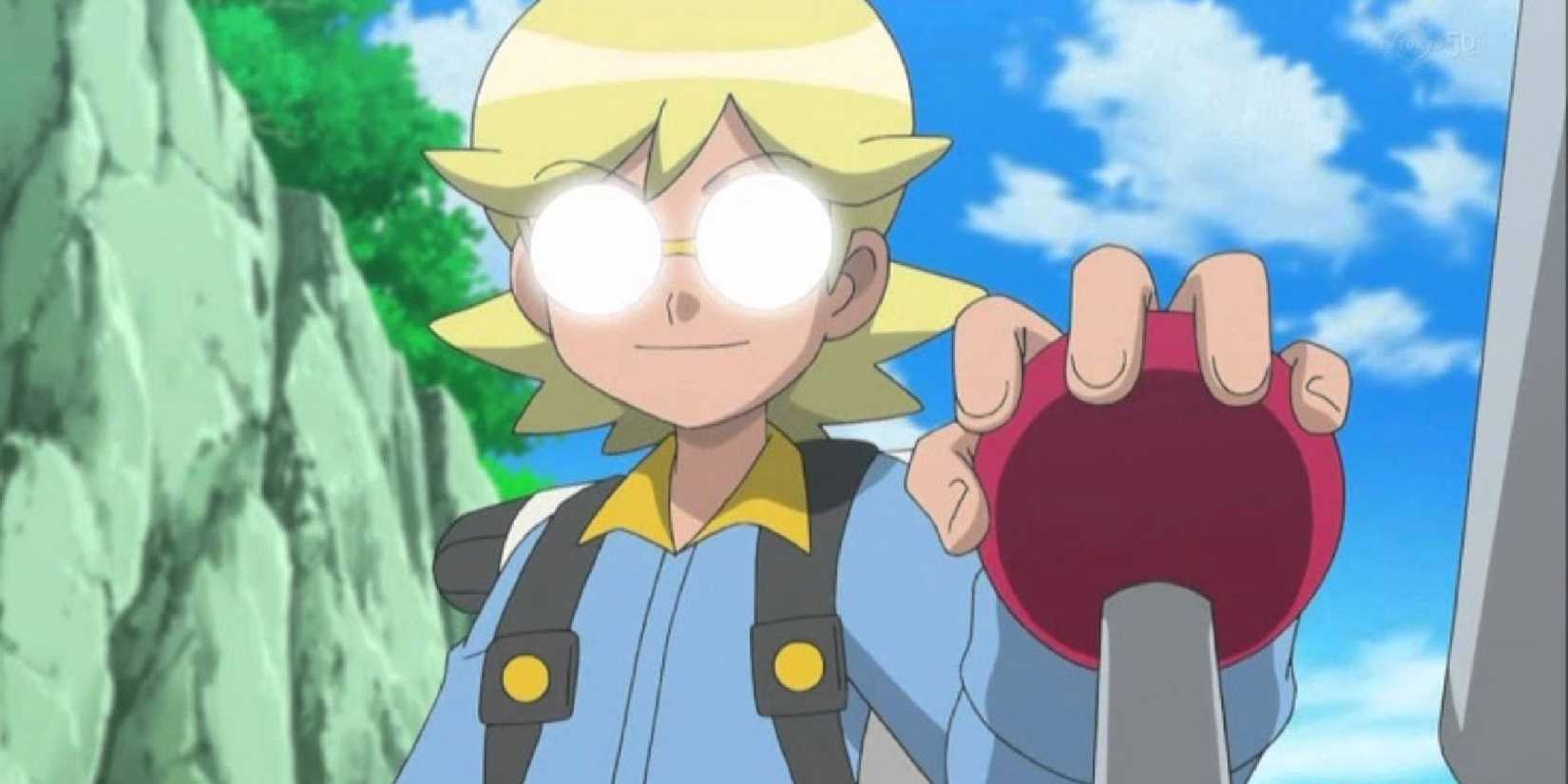 Clemont pulling a lever while his glasses glow white