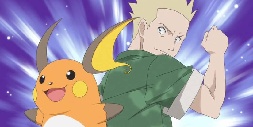Lt. Surge flexing in a pose next to his Raichu