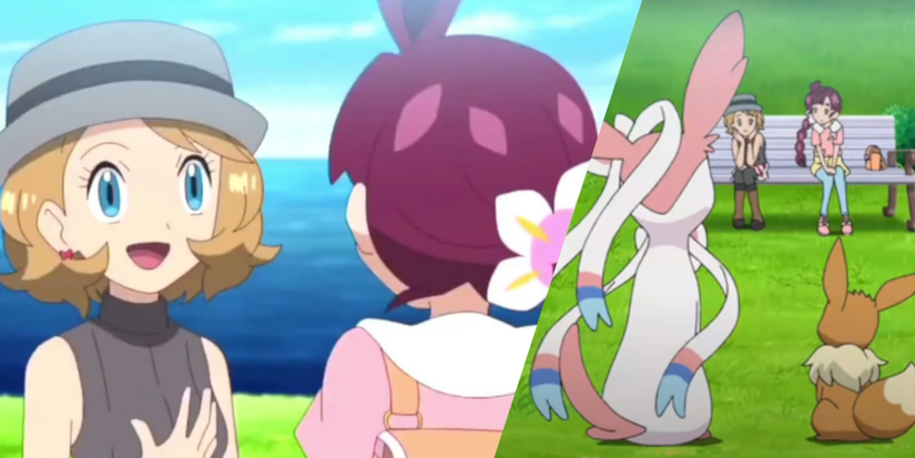 Pokemon Journeys Serena, Slyveon, Chloe and Eevee in  "Eevee and Nymphia! Encounters and Reunions!!"