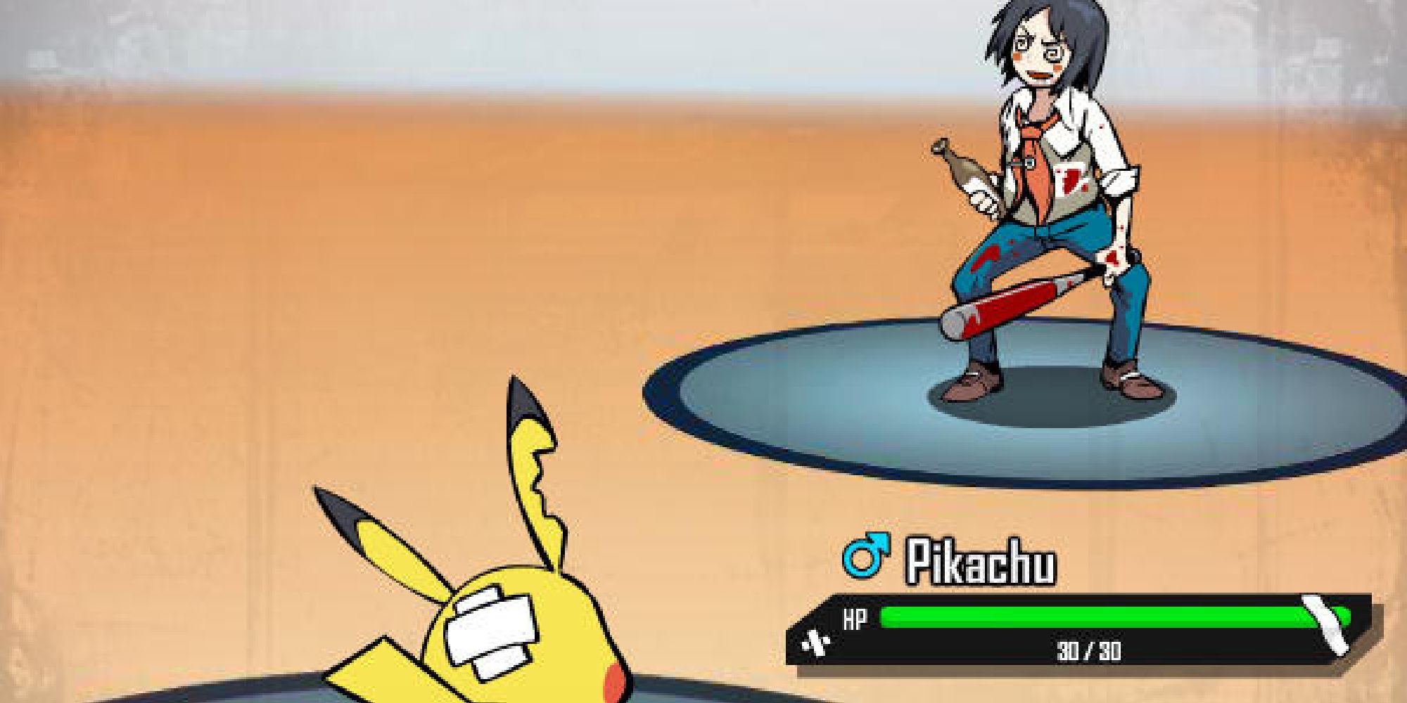 A beaten up Pikachu battles a bloodied Cheren holding a bottle of alcohol and a baseball bat