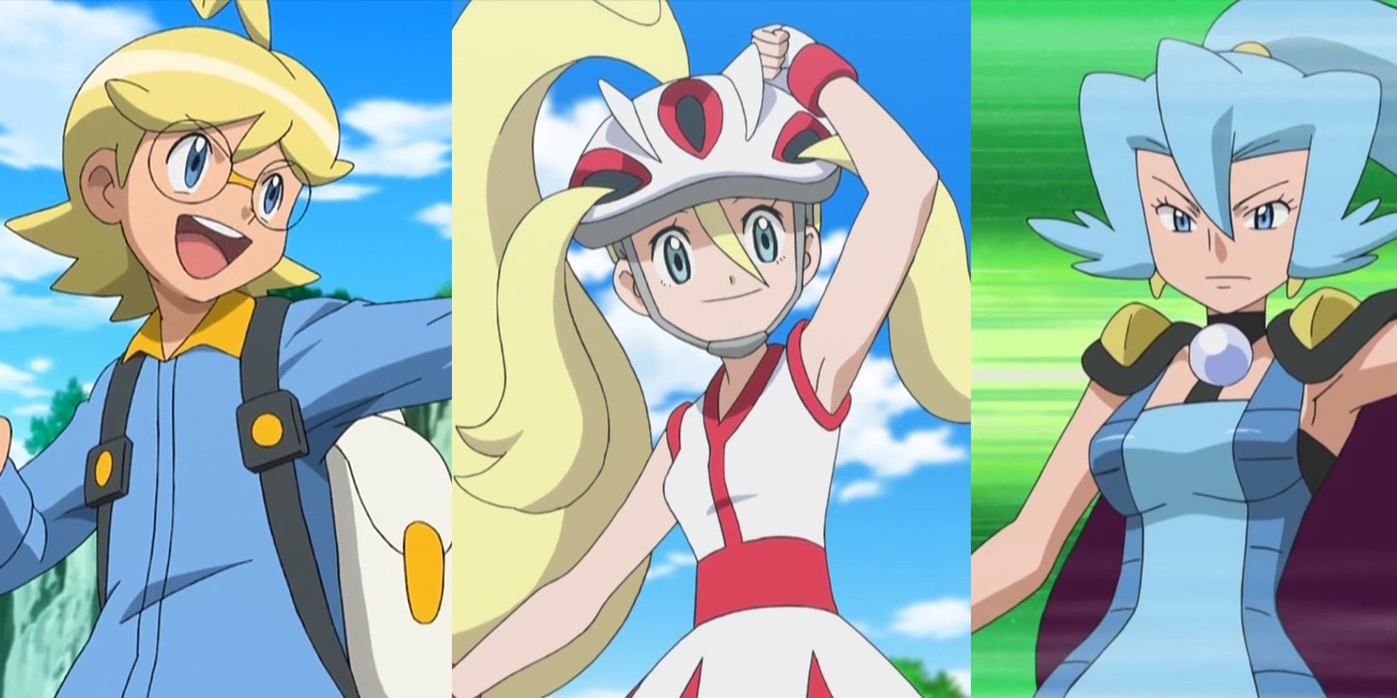 Clemont wearing his backpack in battle; Korrina in her roller skate gear; Clair appearing in front of green action lines