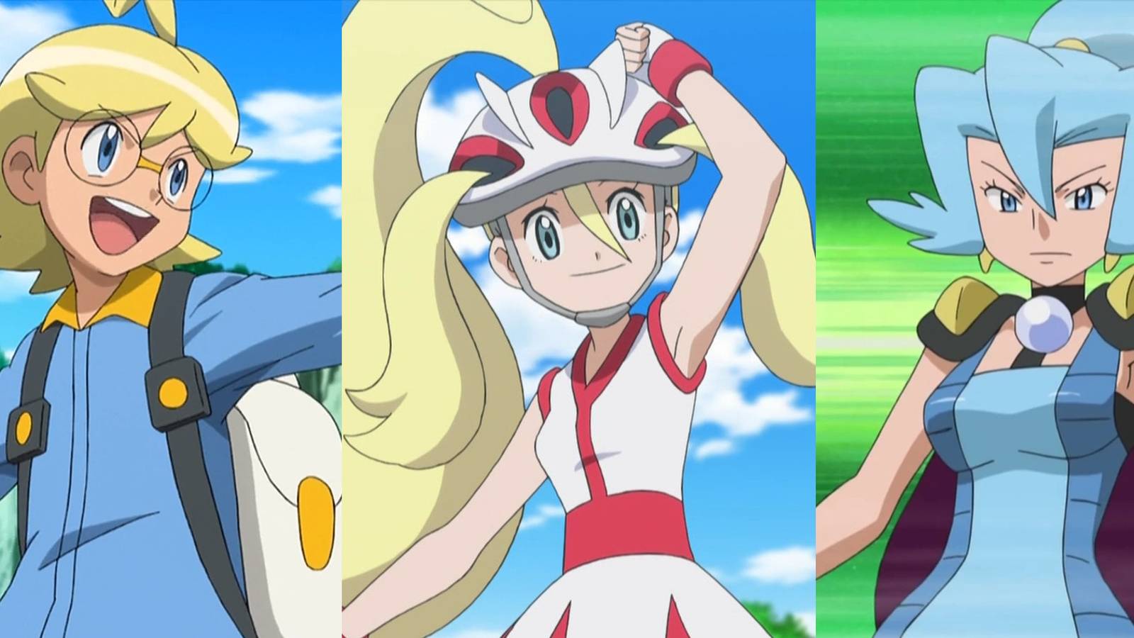 Clemont wearing his backpack in battle; Korrina in her roller skate gear; Clair appearing in front of green action lines