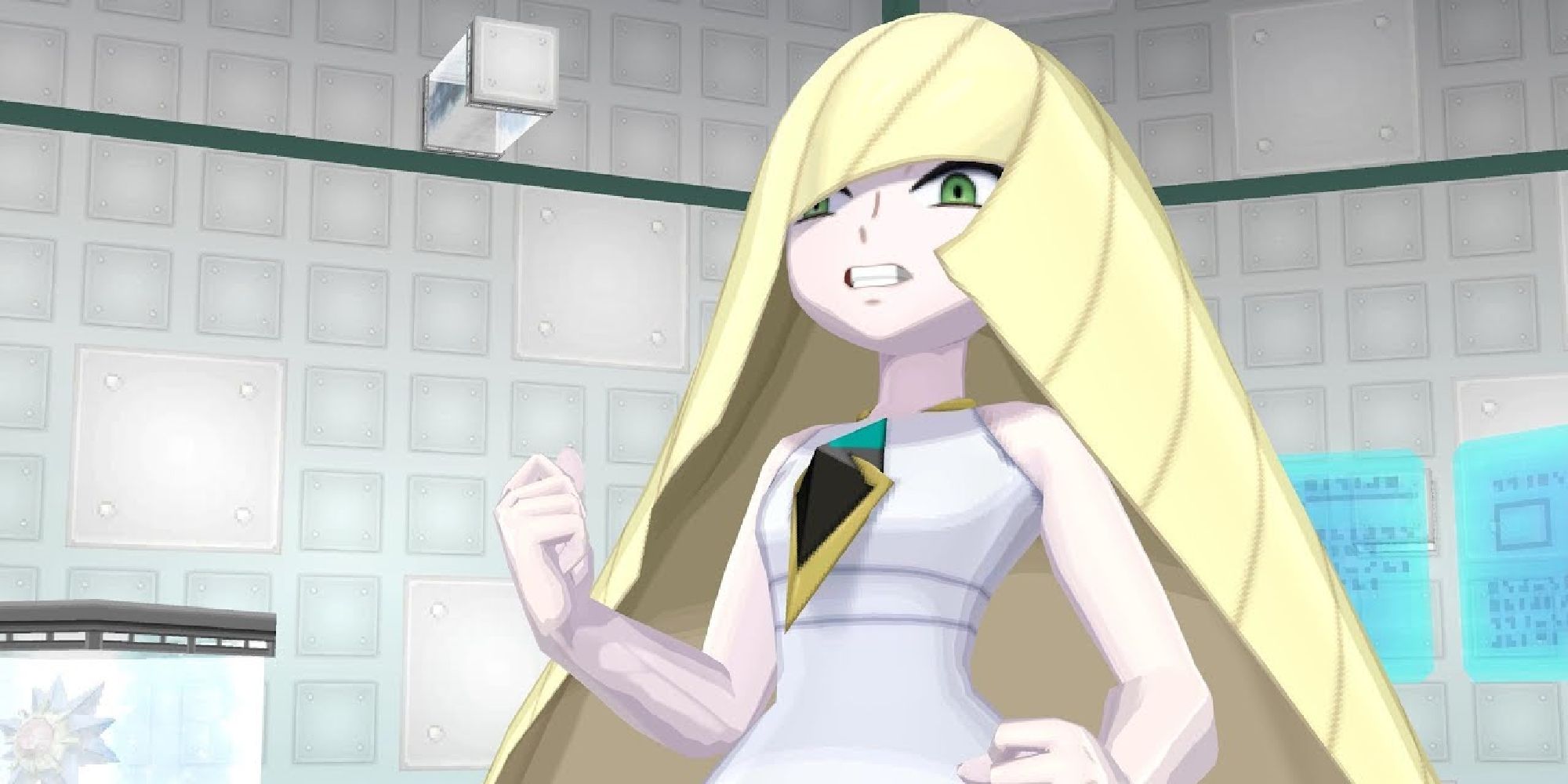 Lusamine angrily clenching her fist in her office at Aether Paradise