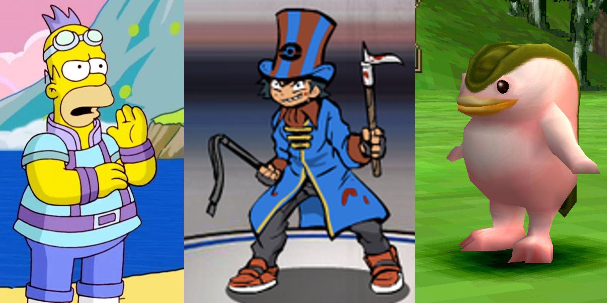 Homer Simpson in colorful clothes in a cutscene preceding the 14th level of the Simpsons Game; Ash as a circus leader in Pokemon Black & Blue; a creature from Monster Rancher 1 & 2 DX