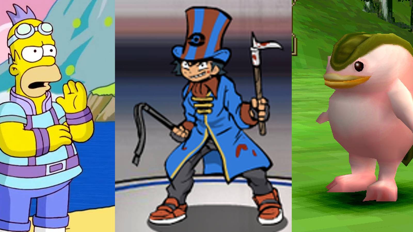 Homer Simpson in colorful clothes in a cutscene preceding the 14th level of the Simpsons Game; Ash as a circus leader in Pokemon Black & Blue; a creature from Monster Rancher 1 & 2 DX