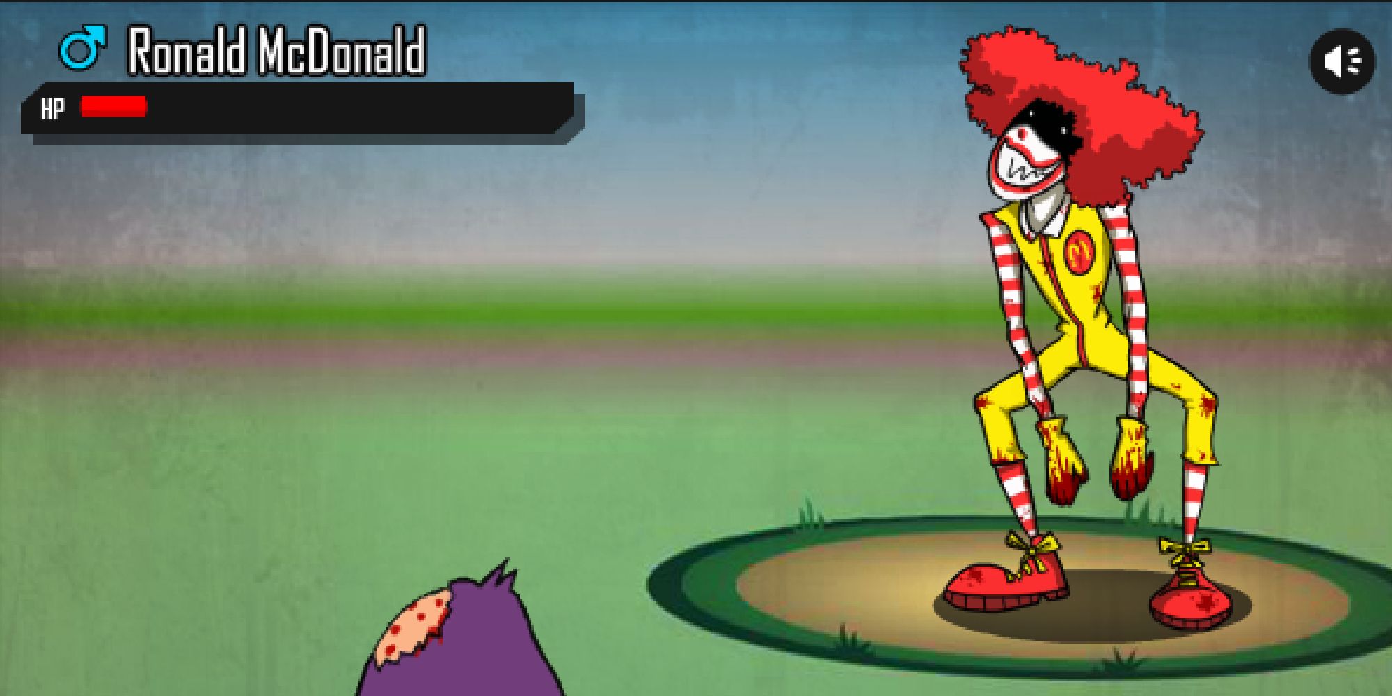 A beaten-up Grimace battles a lanky Ronald McDonald with bloody hands and creepy eyes