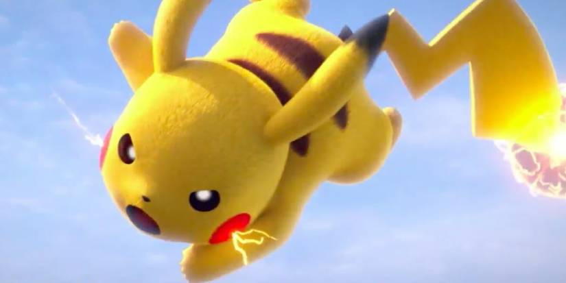 Pikachu using Thunder Ball from mid-air in a Pokken Tournament cinematic