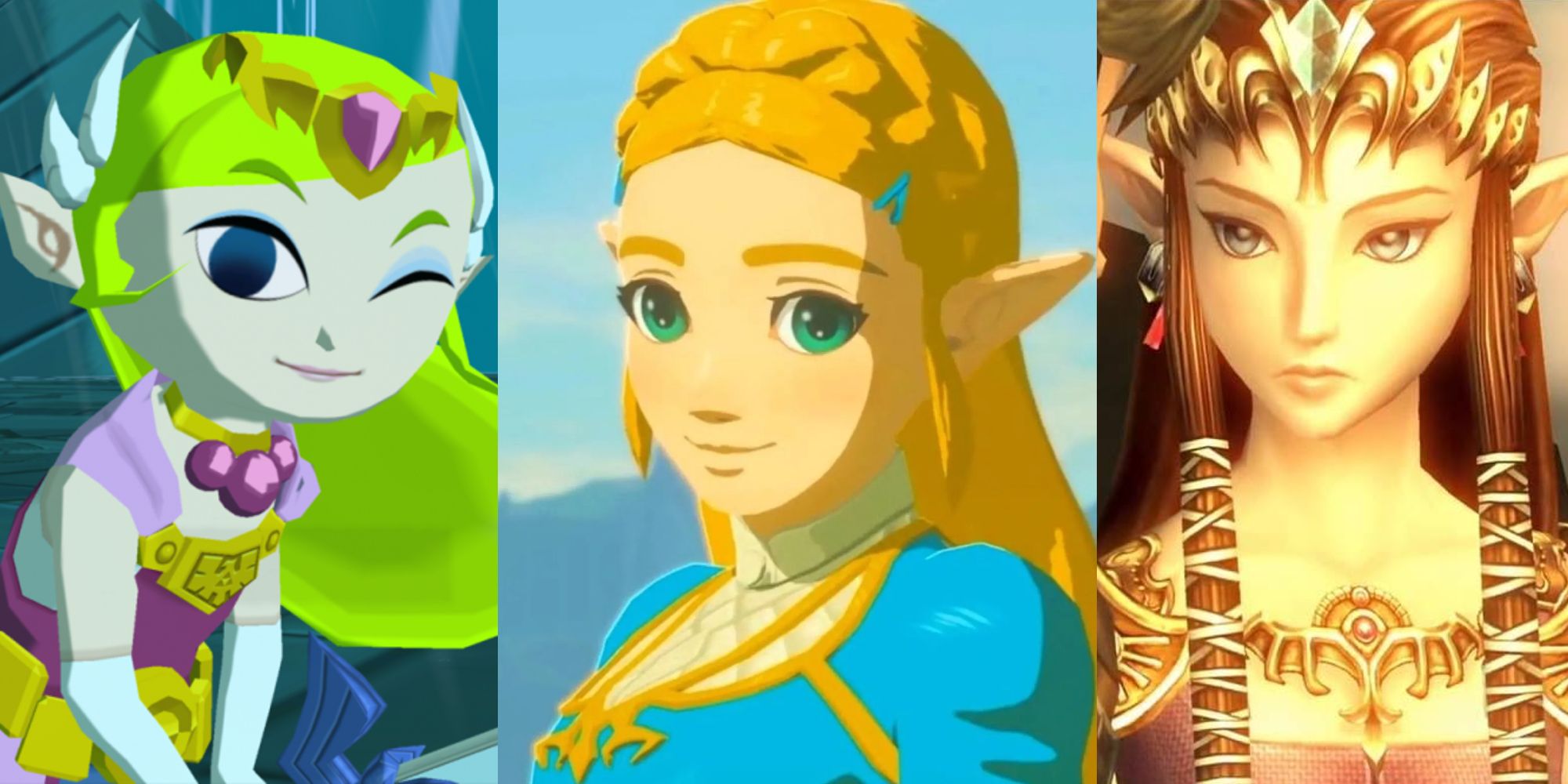 Zelda pisca enquanto segura a Master Sword em Wind Waker;  Zelda em traje de explorador da BOTW;  Zelda ao lado de Link em Twilight Princess