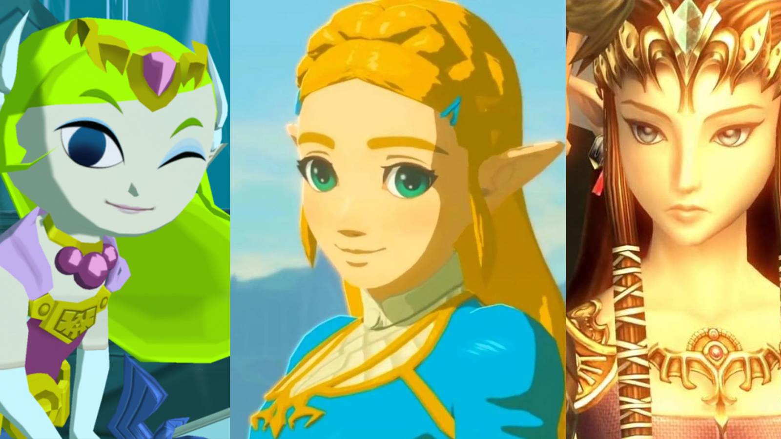Zelda winking while holding the Master Sword in Wind Waker; Zelda in her research attire from BOTW; Zelda standing next to Link in Twilight Princess