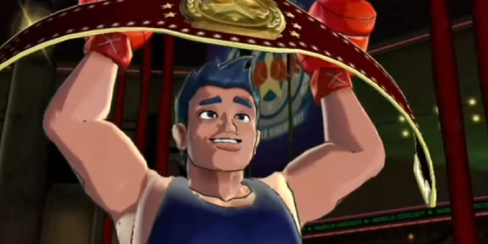 Little Mac holding a championship belt in Punch-Out!! for Wii