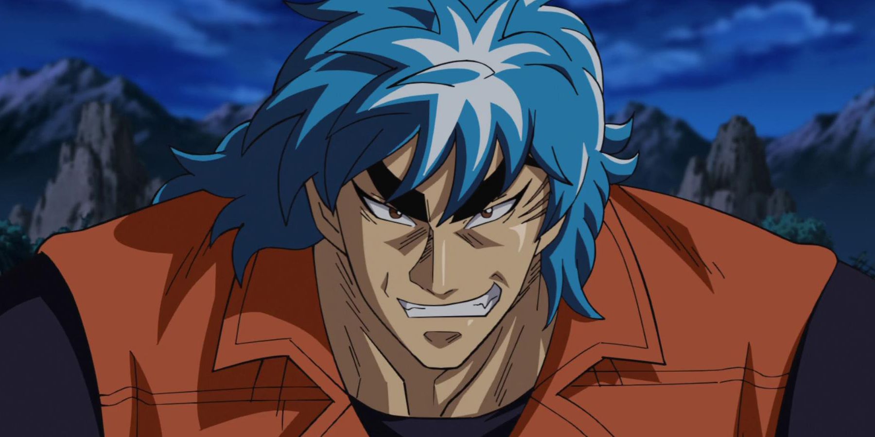 A close up of a grinning and slightly hunched Toriko in Toriko