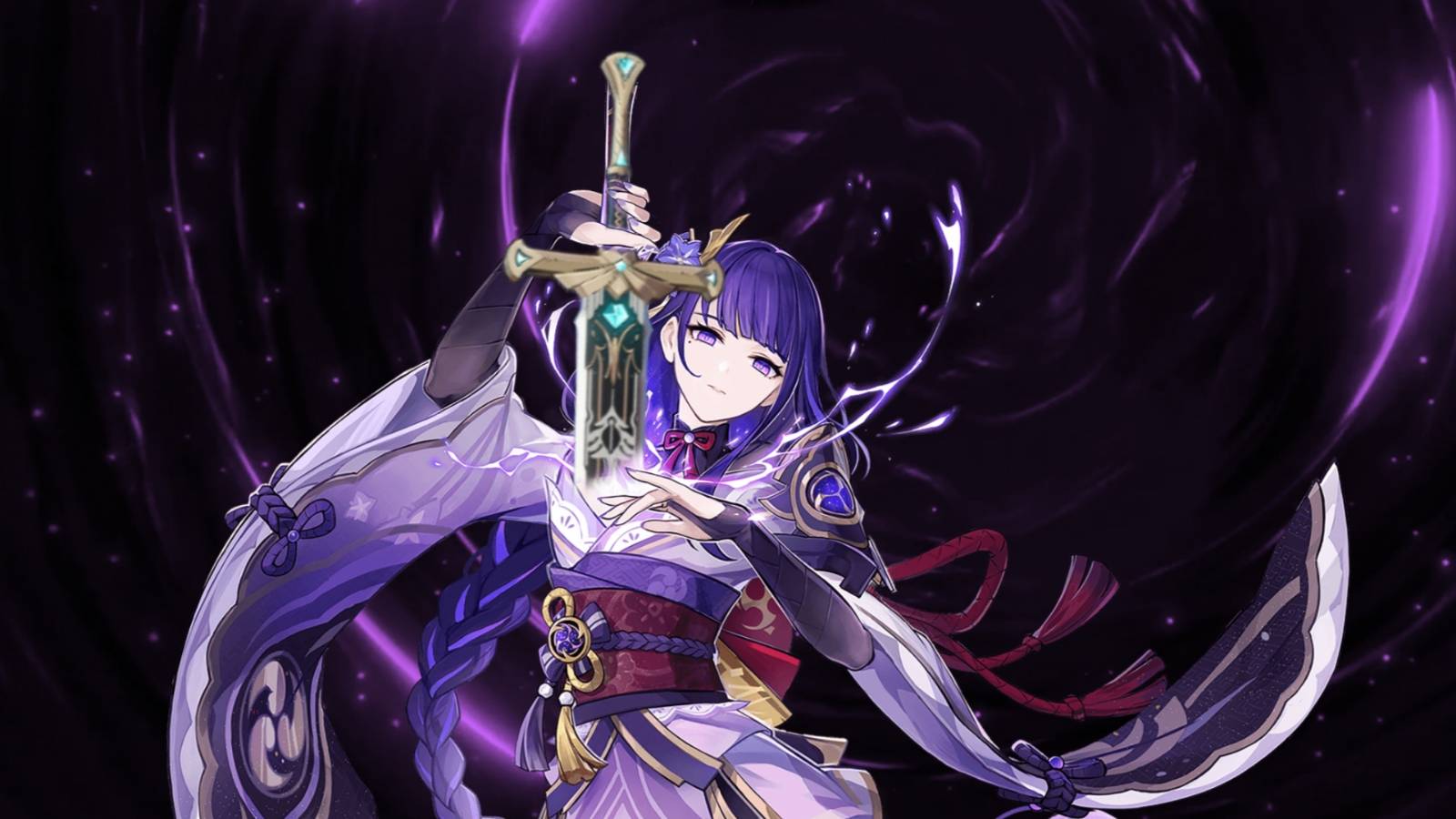 Raiden Shogun whipping out a Favonius weapon in Genshin Impact