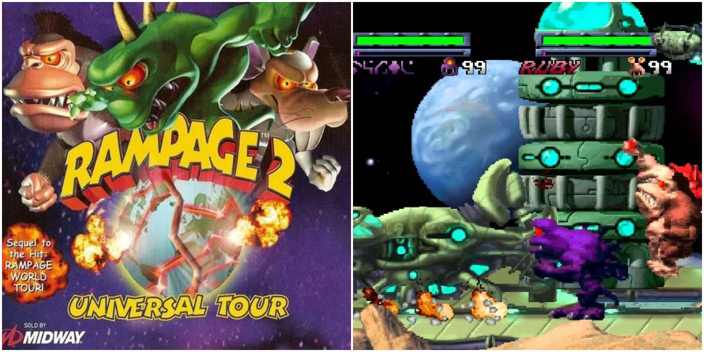 Rampage Universal Tour Split image of cover and gameplay of beasts fighting in outer space setting