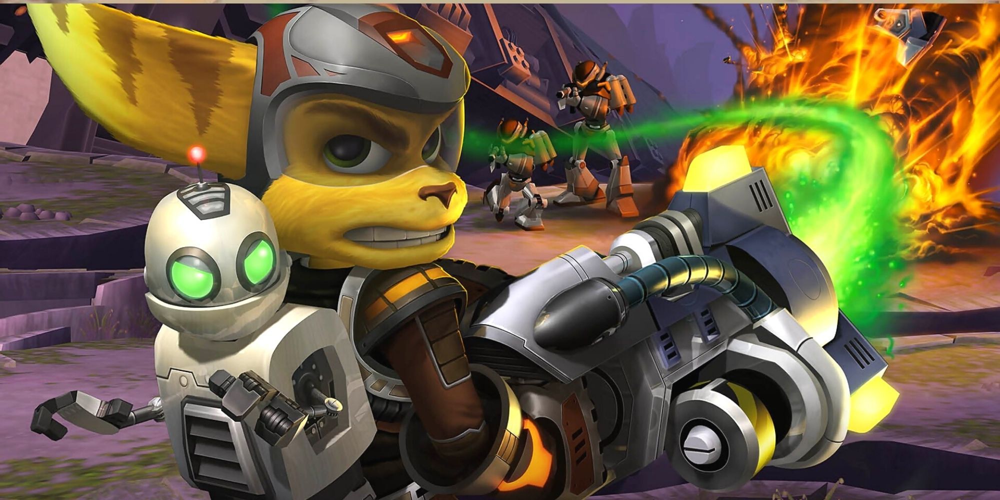 Ratchet And Clank Holding Laser Weapon Blasting Enemies