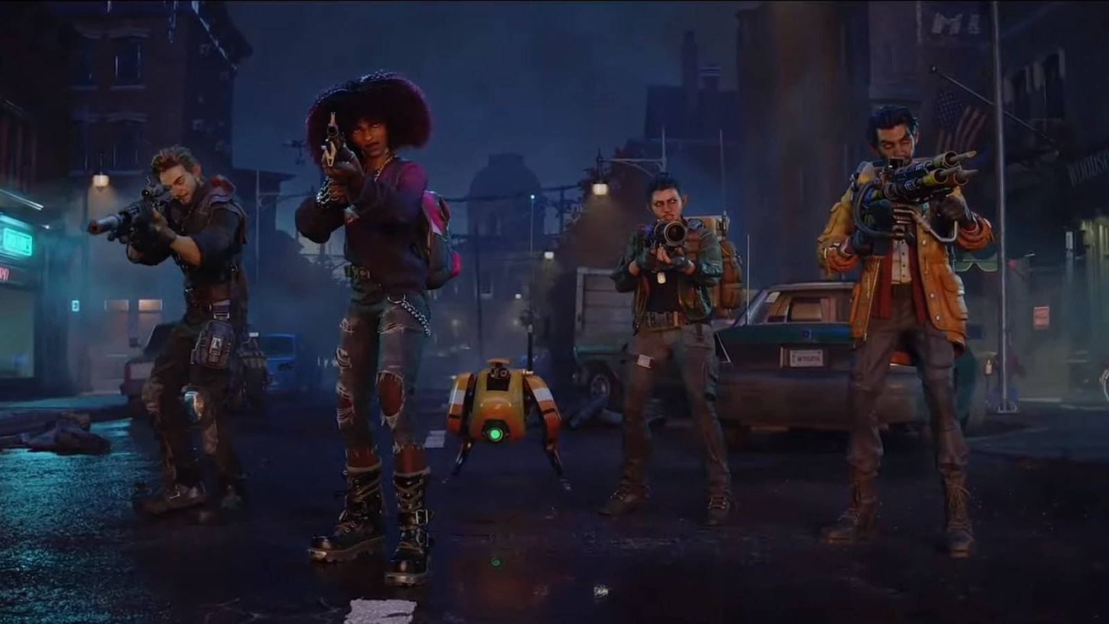 Redfall protagonists Jacob, Layla, Remi, and Devinder standing side by side and holding up their guns