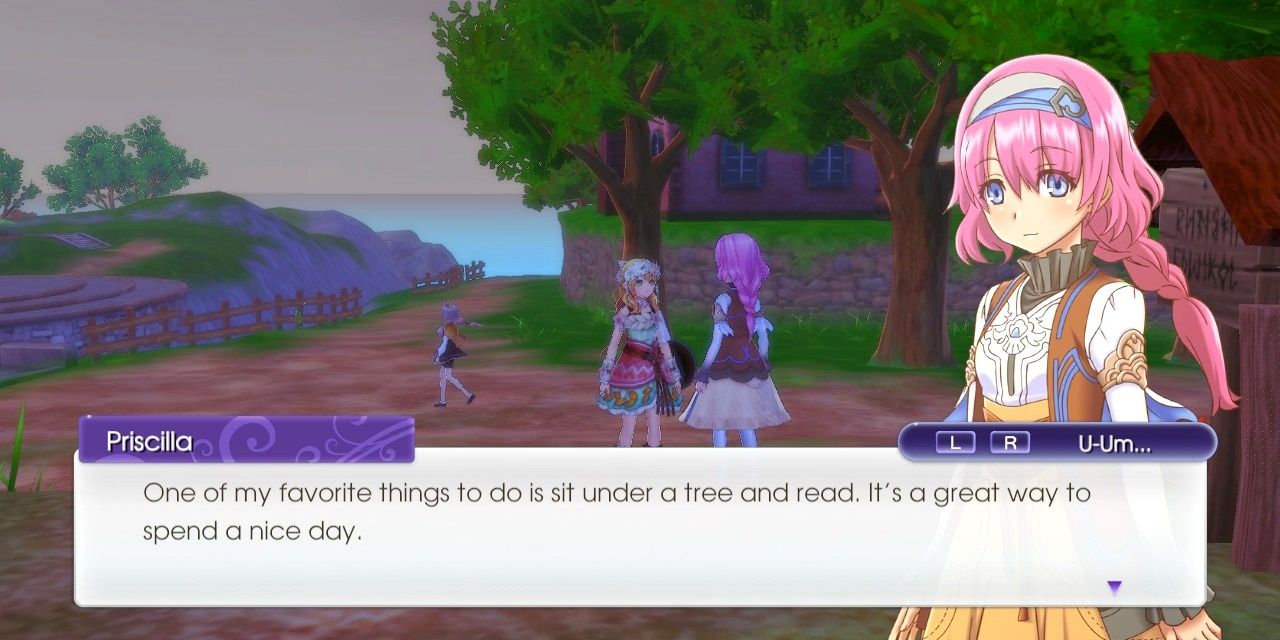 Priscilla is talking to the player about sitting under a tree and reading, showcasing the repetitive dialogue in rune factory 5