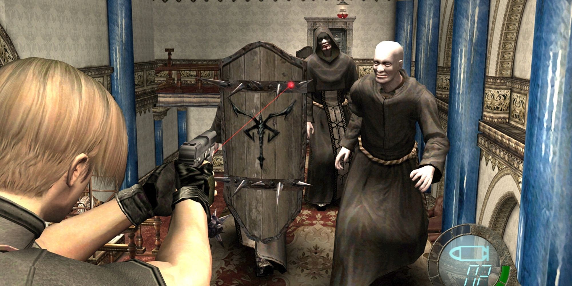 Resident Evil 4 Leon Facing Enemies with Gun Sight Pointed At Shield