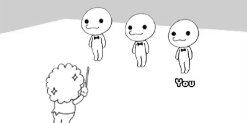 The Glee Club minigame from Rhythm Heaven featuring a conductor directing the Chorus Kids