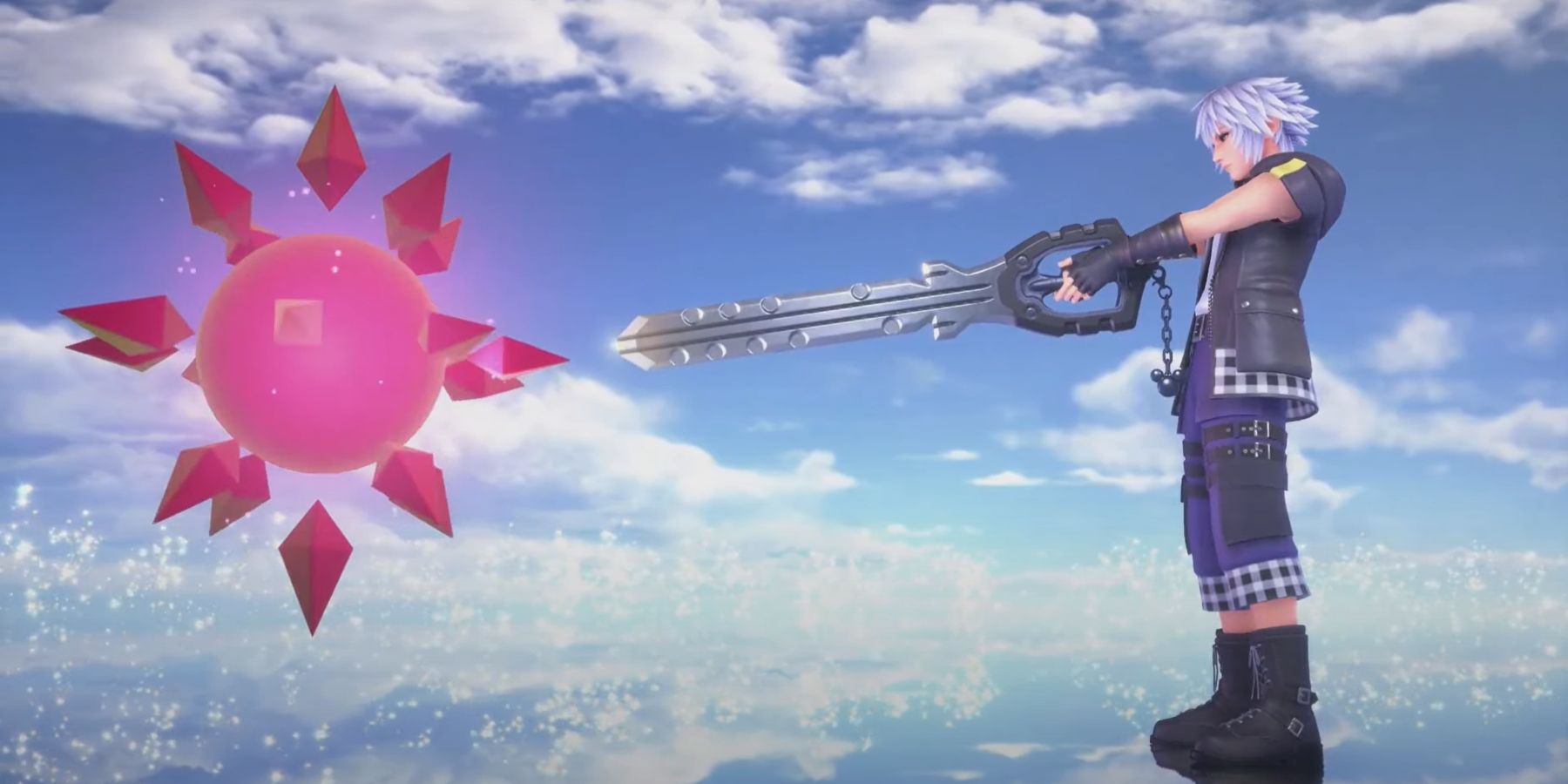 a young man in a black jacket with blue and white checkerd shirt and pants raises a blade shaped like a car key to a pink orb with diamonds floating around it. there's blue sky and clouds above him and they're reflected in the ground below