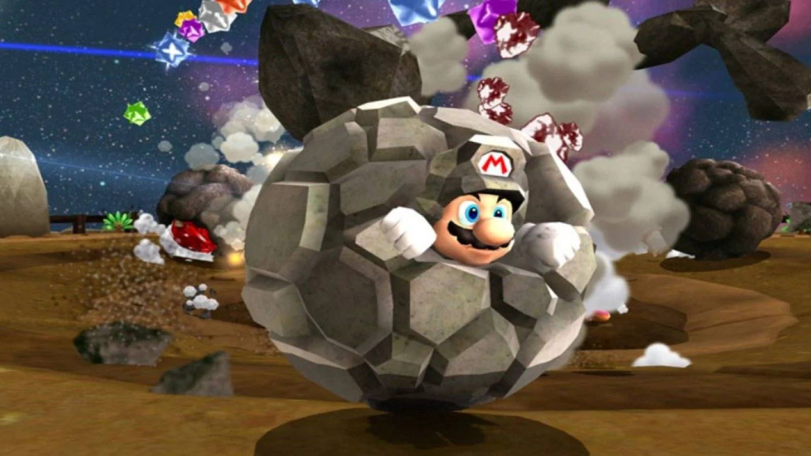 Rock Mario destroying an obstacle in a Super Mario Galaxy 2 level