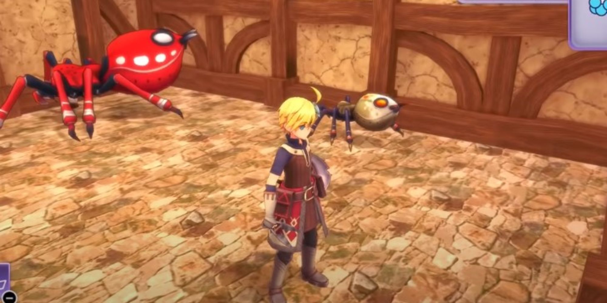 The player standing in the barn with two monster Spiders behind him in Rune Factory 5