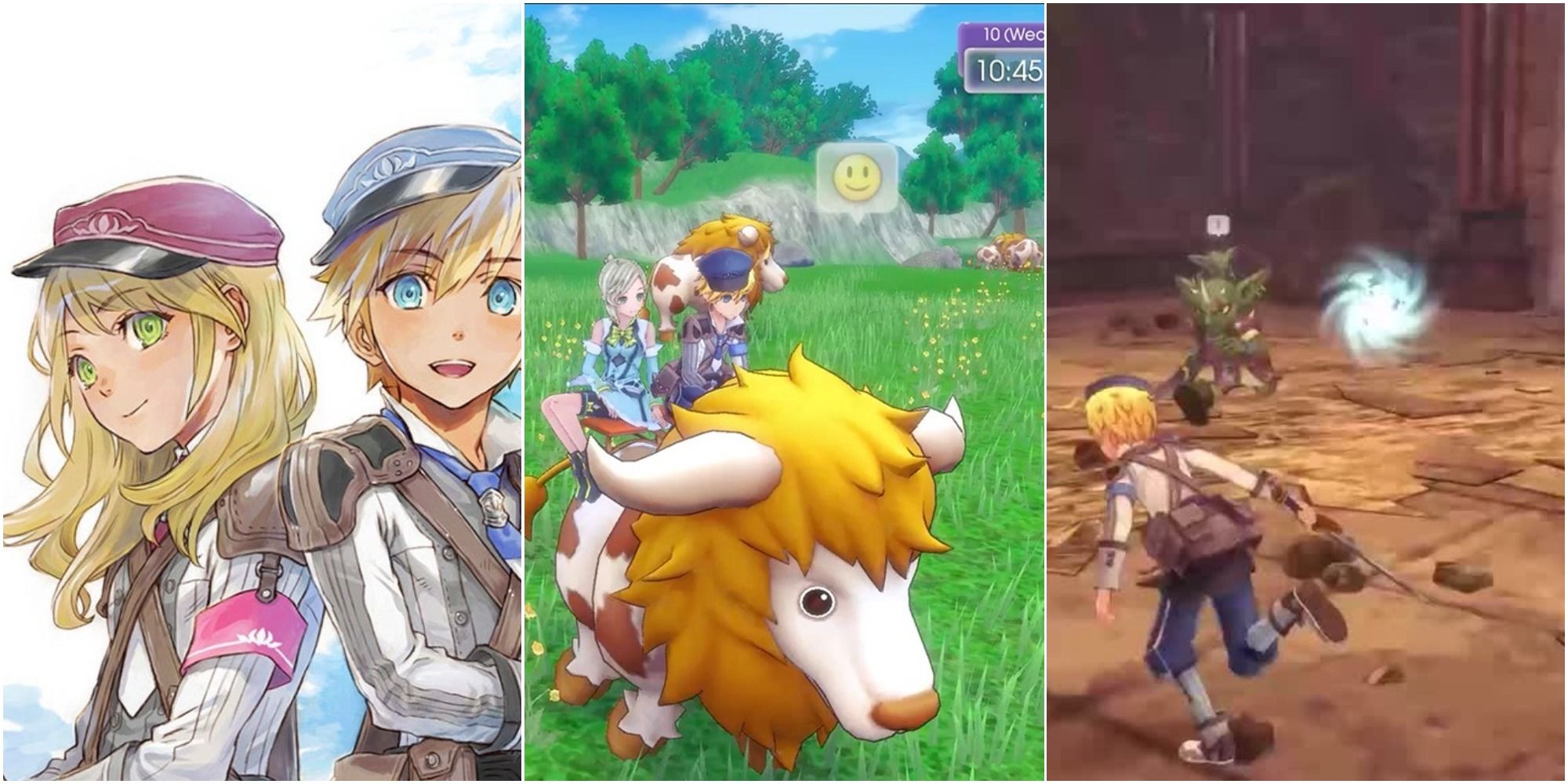 Rune Factory 5 protagonists, riding a fluffy creature, combat