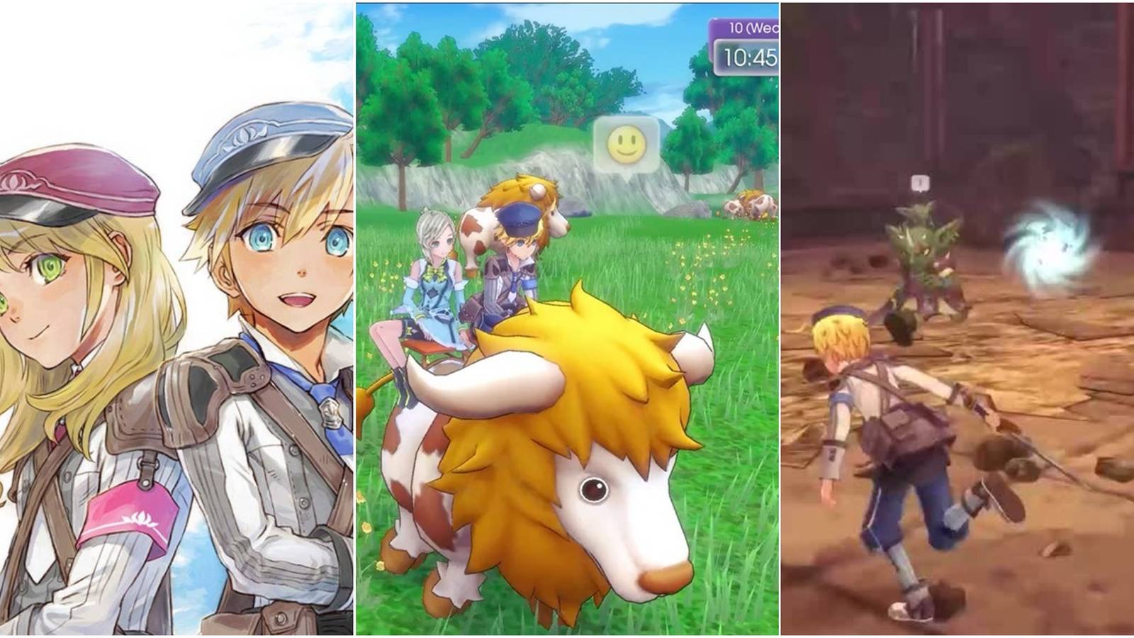 Rune Factory 5 protagonists, riding a fluffy creature, combat