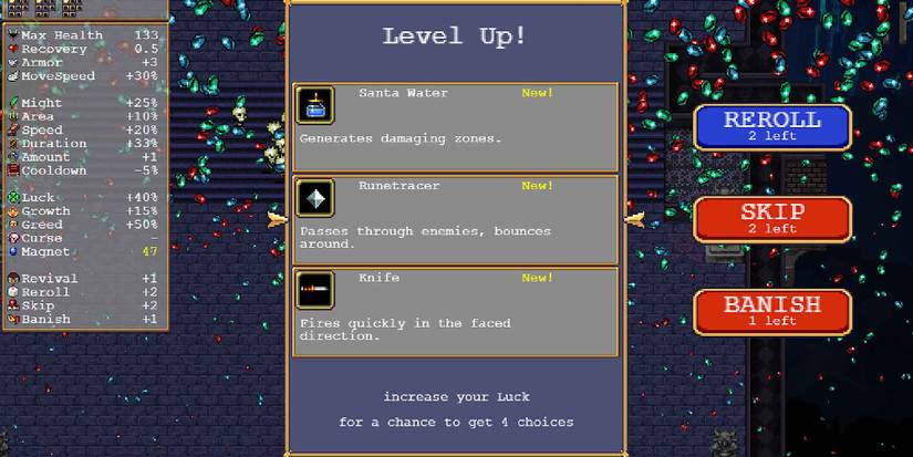 The Runetracer weapon in Vampire Survivors.