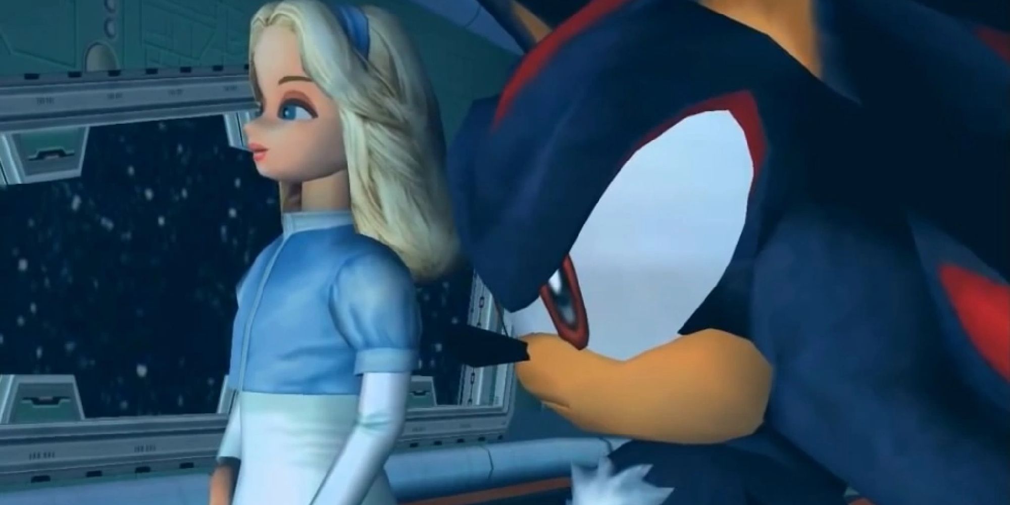 Шэдоу стоит рядом с Марией Роботник в ролике из Sonic Adventure 2.