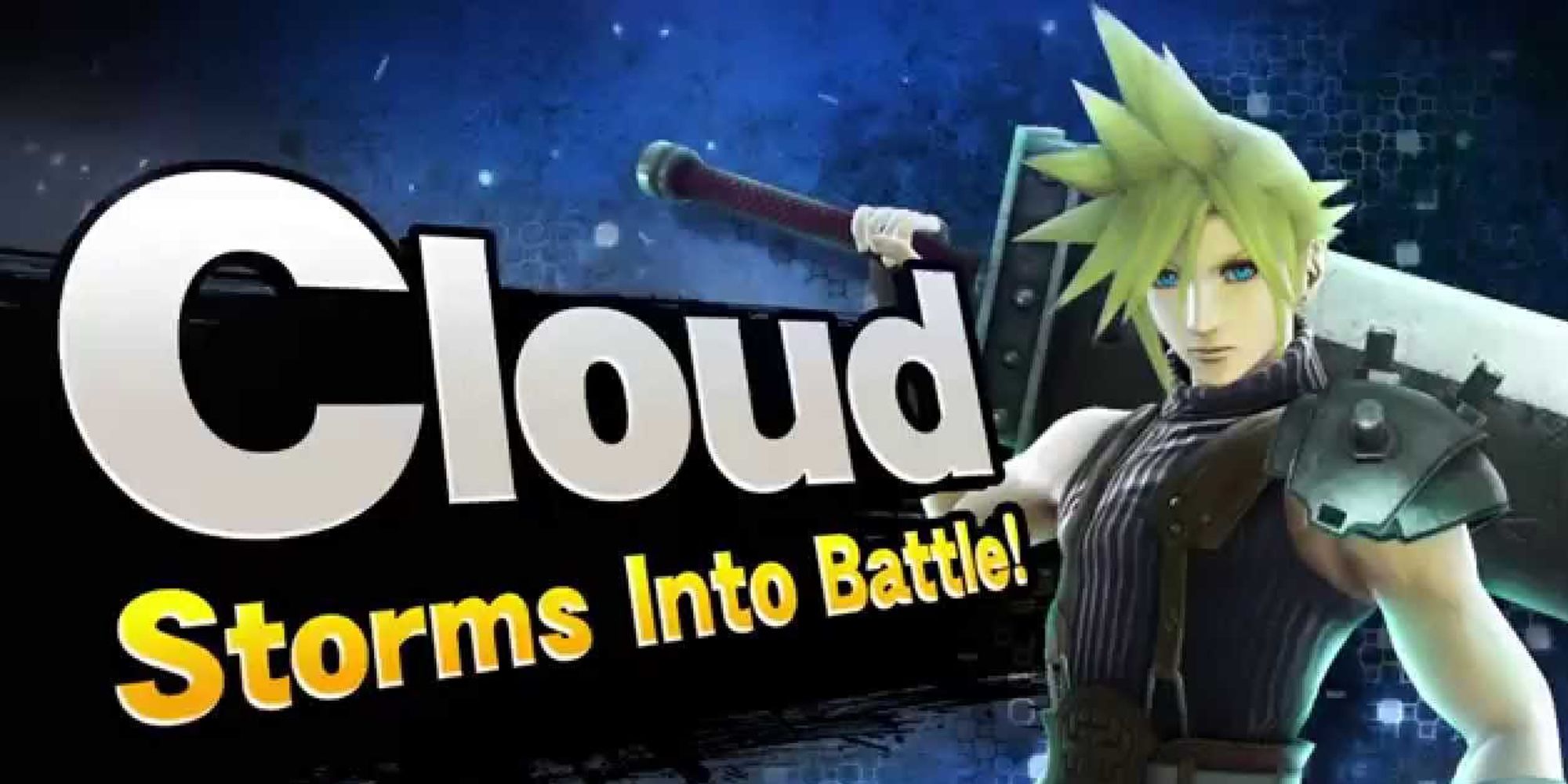 Cloud's title card for SSB4 reading "Cloud Storms Into Battle"