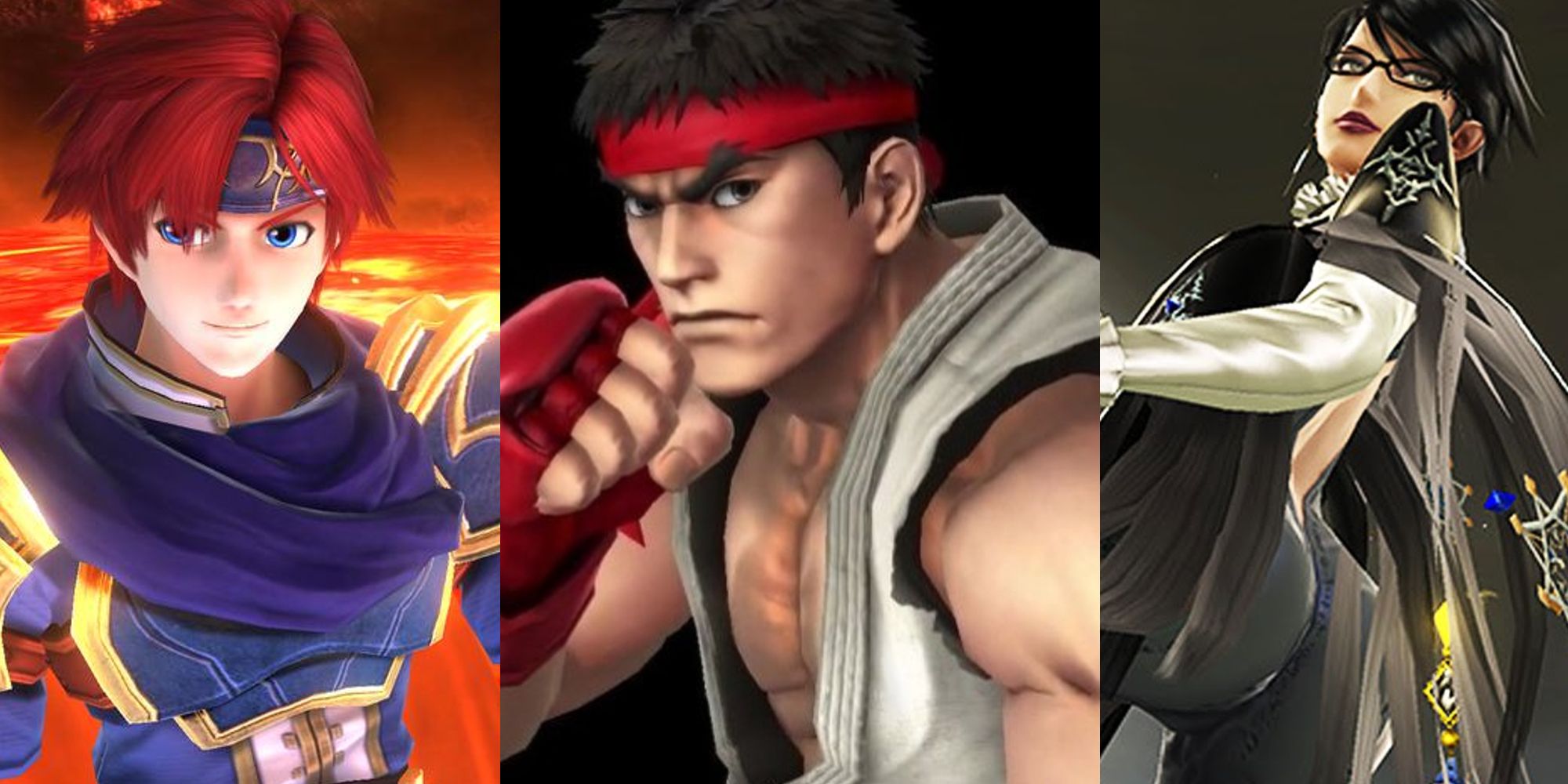 Roy in SSB4 gameplay; Ryu facing the screen in his reveal trailer; Bayonetta looking behind her in SSB4 gameplay