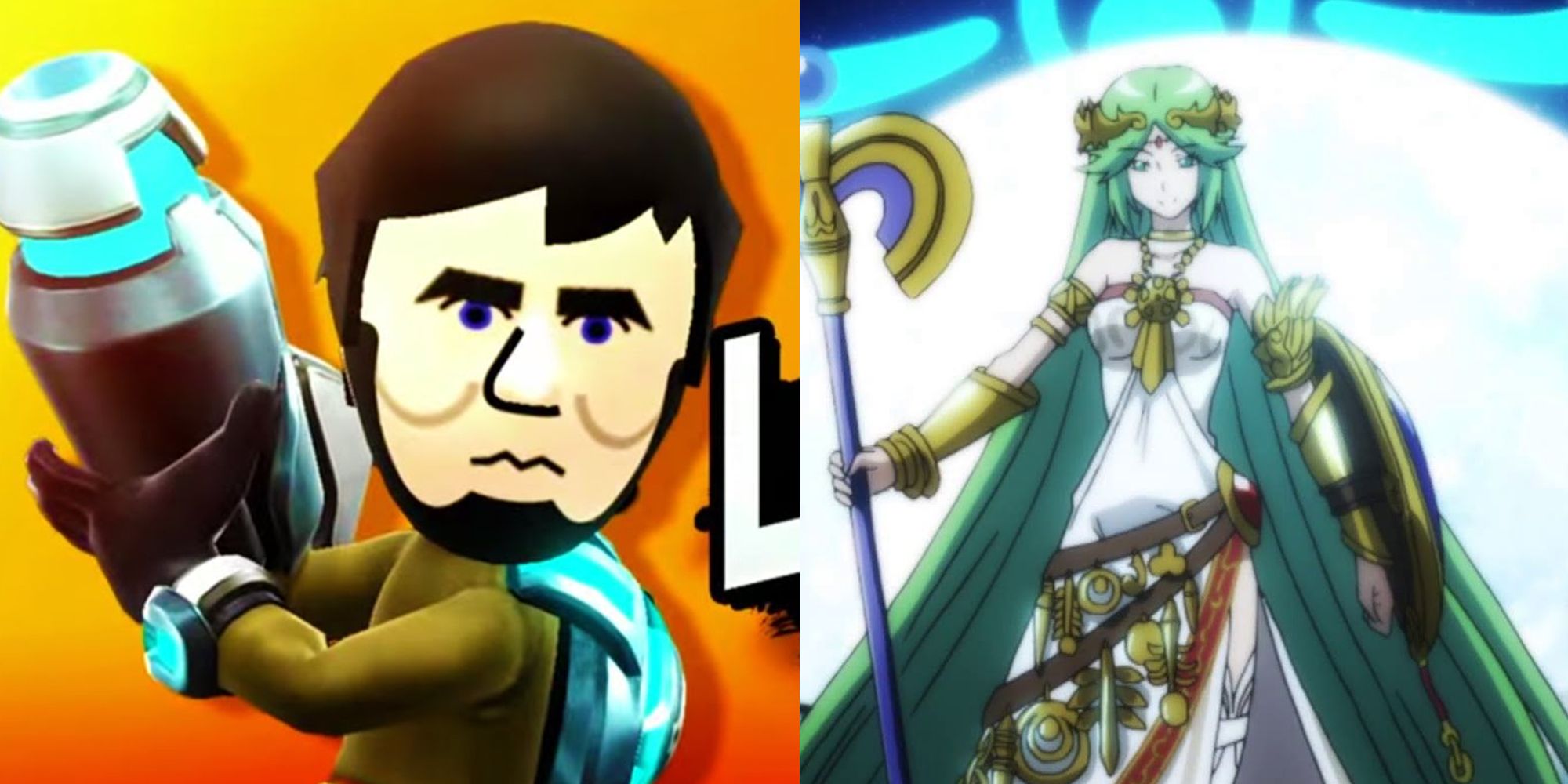 A Mii Fighter of Abe Lincoln as a Gunner; Palutena in her animated reveal trailer