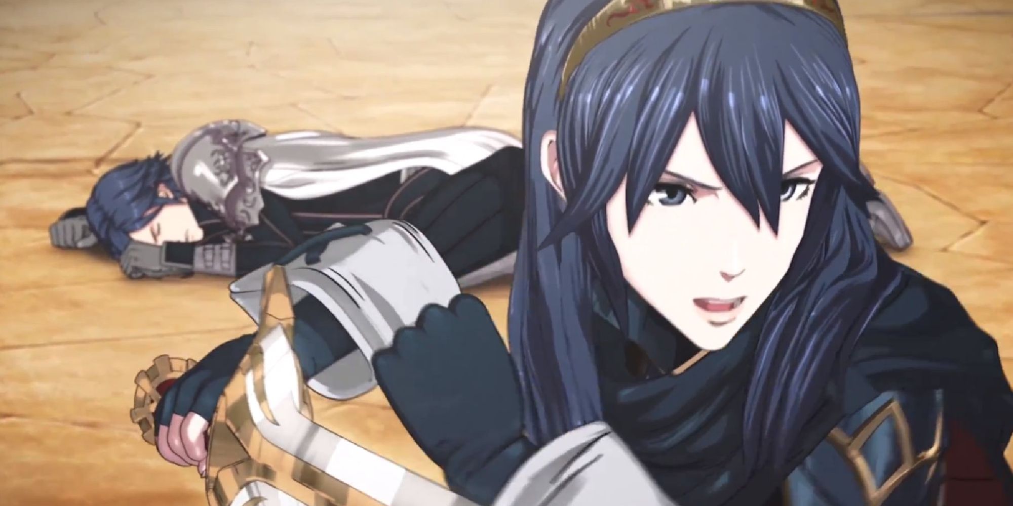 Lucina defending a fallen Chrom in a cinematic made for Super Smash Bros 4