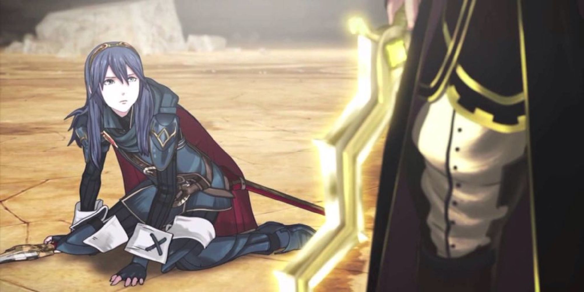 Lucina on the ground staring up at Robin and the Levin sword in their reveal trailer