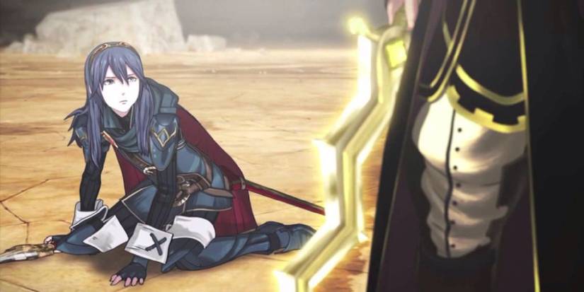 Lucina on the ground staring up at Robin and the Levin sword in their reveal trailer