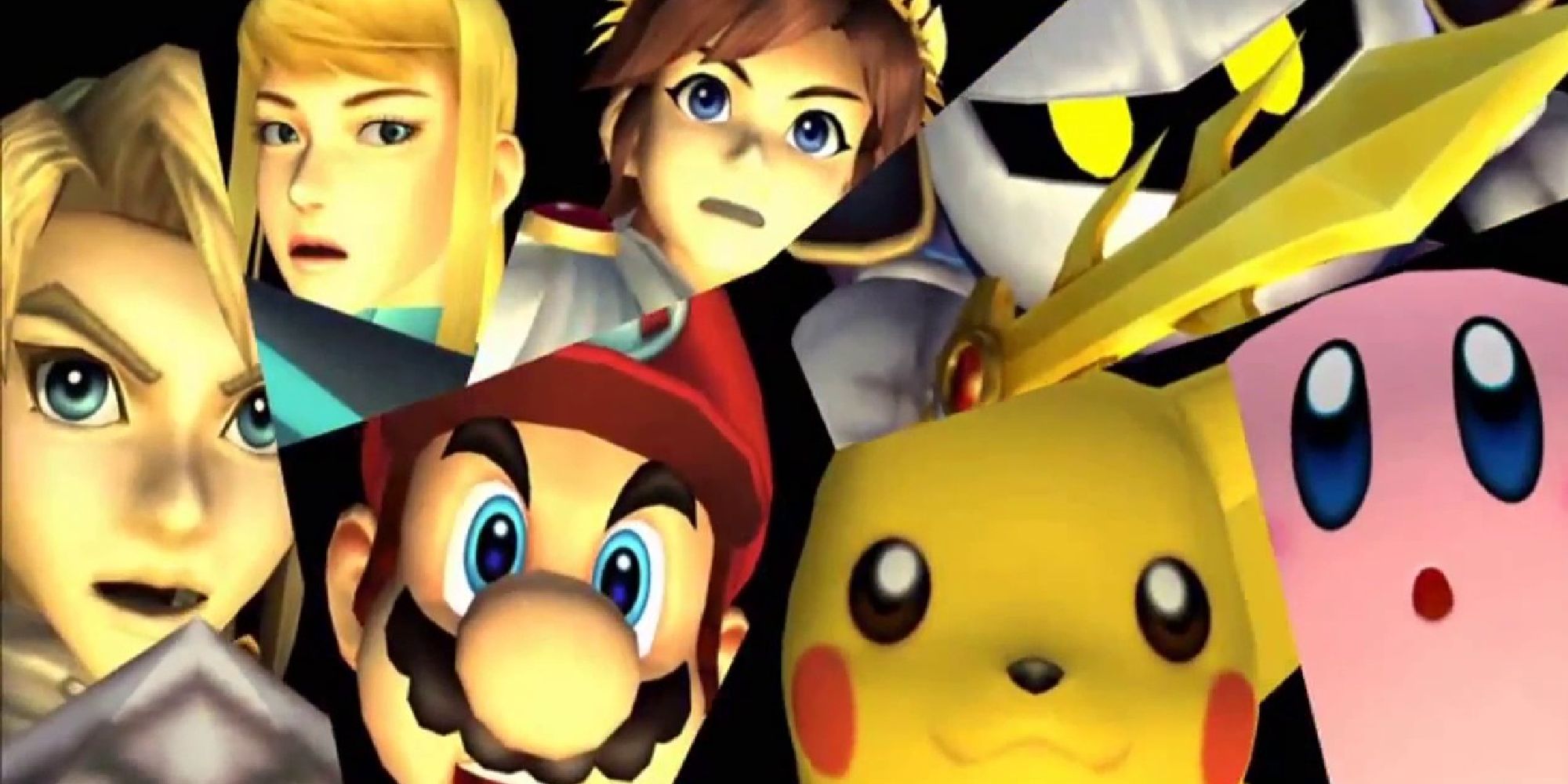 Link, Zero Suit Samus, Mario, Pit, Meta Knight, Pikachu, and Kirby all staring forward